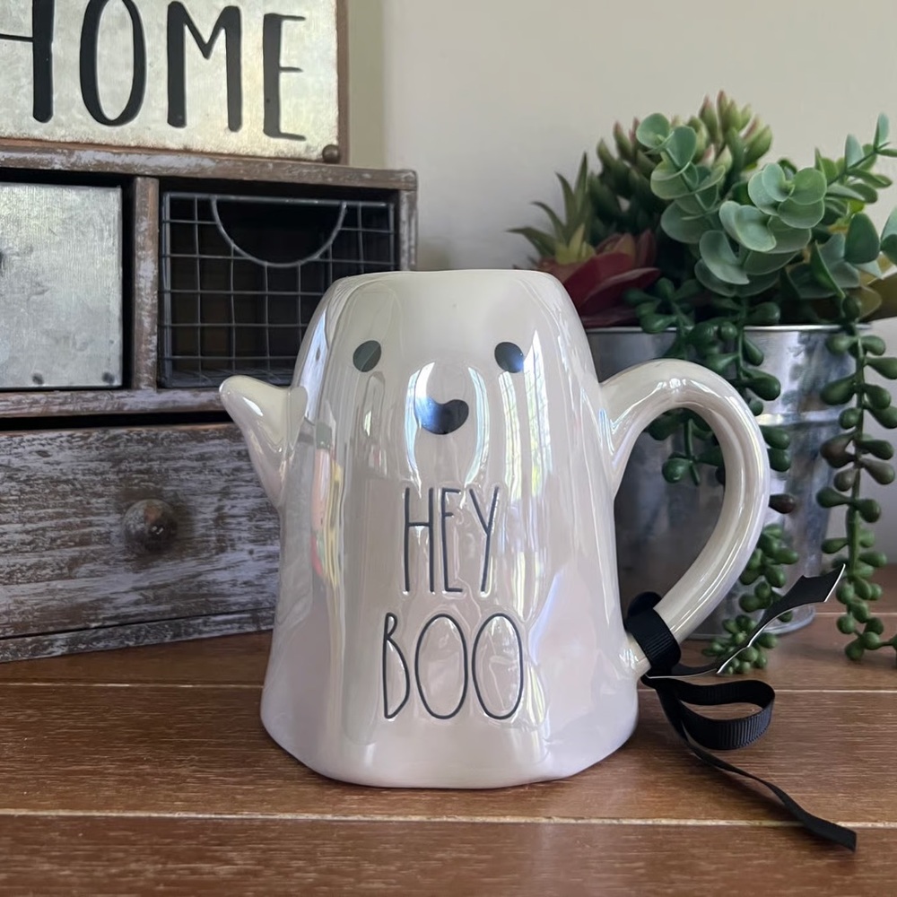 Rae Dunn Iridescent White Halloween "HEY BOO" Ghost Mug NEW